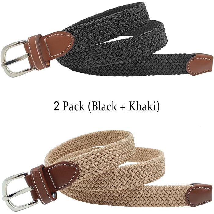 Еластичний жіночий/дівчачий ремінь 2.5 см, плетений, для джинсів та суконь, 2 шт. (Чорний/Хакі, M/91/96 см)