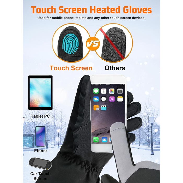 Гріючі рукавички 7.4V 3000mAh для жінок та чоловіків, водонепроникні, вітрозахисні, з підтримкою сенсорного екрану, для мотоциклів, активного відпочинку, походів та кемпінгу (L, Чорний)