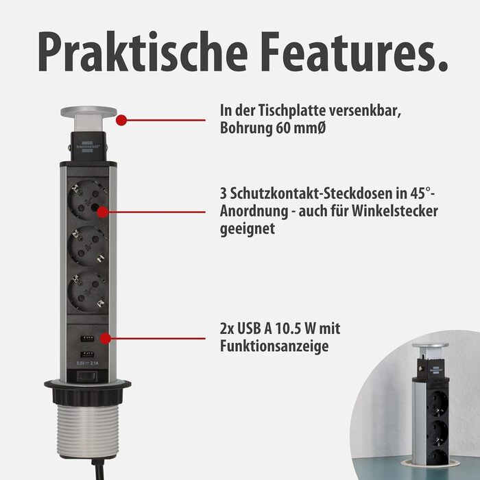 Вбудований мережевий фільтр Brennenstuhl Tower Power, висувна настільна розетка 2м, алюміній/чорний (3 розетки + USB)
