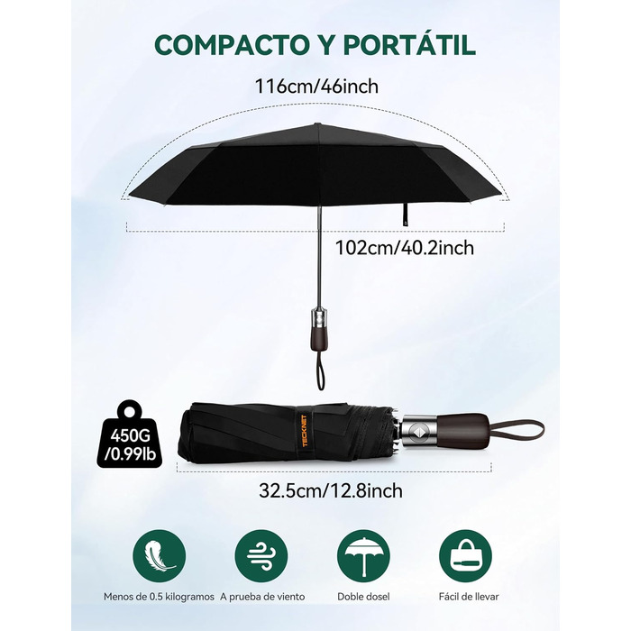 TECKNET Парасолька автоматична, чорна, штормостійка, легка у використанні