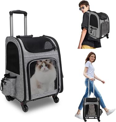 Транспортна переноска для котів та собак на колесах, 360° обертання, з кишенями, вантажний візок-рюкзак, портативна та дихаюча, для маленьких собак та середніх котів до 15 кг