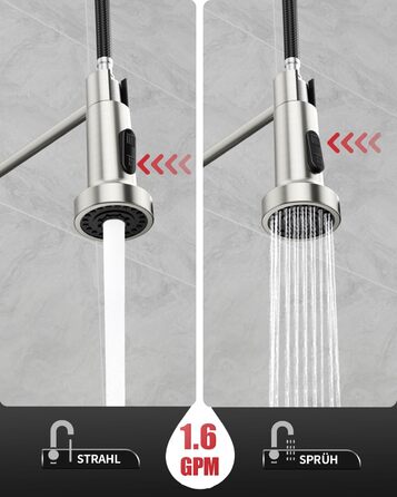 Кухонний змішувач Rainsworth з нержавіючої сталі з двома режимами струменя та висувною лійкою, 360° обертання, висота 45 см