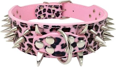 Шкіряний нашийник для собак середнього розміру з шипами, м'який, 5 см, проти кусання (M, SW-SW), M: 48-56 см, Pink Leopard-Silver