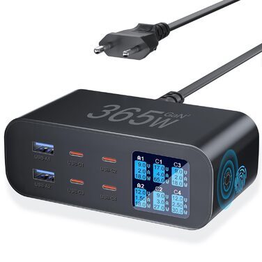 Зарядний пристрій USB-C 365W YSYFAD з 6 портами, PD 100W, QC 3.0, LED індикатор - для MacBook, ноутбуків, iPhone, iPad (Чорний)