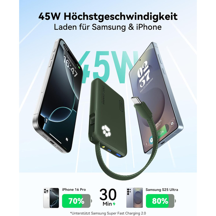 Повербанк INIU 10000mAh 45W з вбудованим кабелем USB-C, швидка зарядка, компактний зовнішній акумулятор для iPhone 17 16 Pro, Samsung S26 S25, Xiaomi, iPad, бежевий
