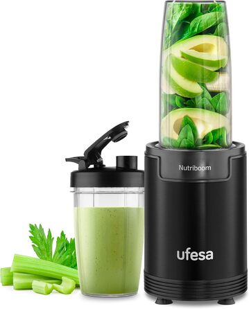 Ufesa BS2500 Nutriboom Single-Cup Mixer, multifunctional nutrient extractor, 900W power, smoothies and shakes, incl. 6 accessories, stainless steel blades, black 900W sports 0.5L-0.8L