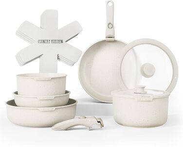 Набір посуду Country Kitchen 13 предметів: каструлі та сковороди з антипригарним покриттям, знімний ручка, для кухні, кемпінгу, духовки (кремовий)