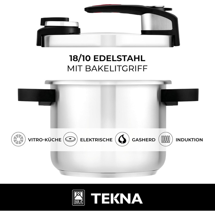 Скороварка BRA Tekna 6 л з легкою відкривною системою, нержавіюча сталь 18/10, 2 програми, підходить для всіх плит