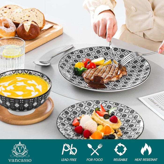 Набір посуду Vancasso Haruka 16 предметів: тарілки для їжі (26.5 см), десертні тарілки (21.5 см), миски для каші (15.2 см) та чашки (360 мл) чорного та кремового кольорів