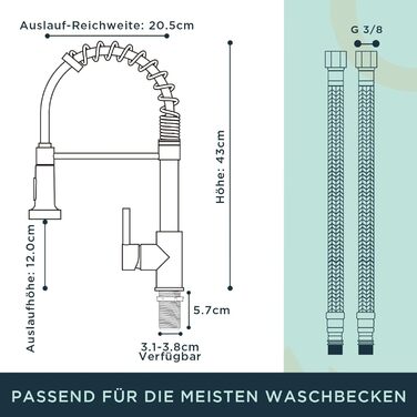 Кран кухонний FORIOUS з високим виливом, поворотний на 360°, з висувною лійкою, нержавіюча сталь, щітка