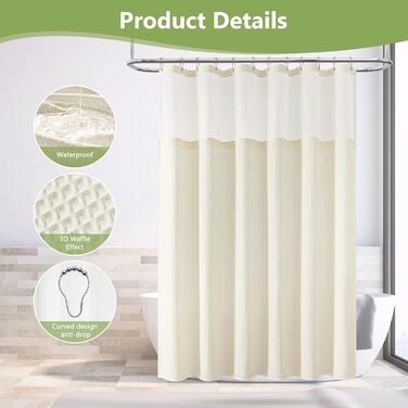 Шторка для душу з тканини вафельного плетіння, важка, водонепроникна, з TPU-покриттям, з сітчастим вікном, готельний стиль, 2 гачки, (Зелений, 83 x 83 см)