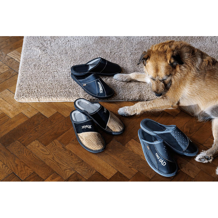 Чоловічі домашні капці BeComfy з натуральної шкіри, вишивка KingDad, чорно-бежеві, розміри 40-46 EU