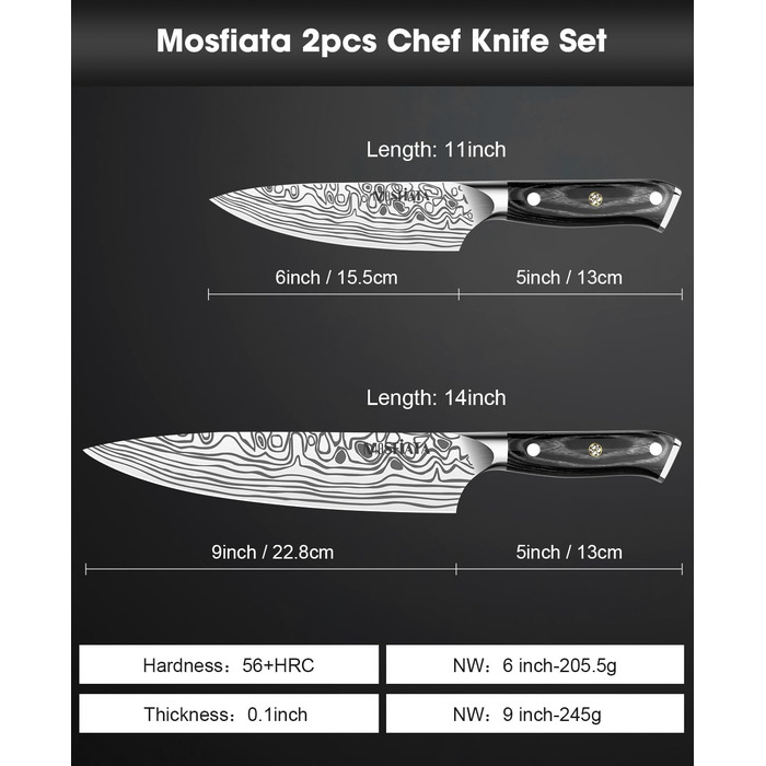 Ніж Santoku MOSFiATA 18 см, кухонний ніж з нержавіючої сталі EN 1.4116, дерев'яна ручка, набір 2 шт.