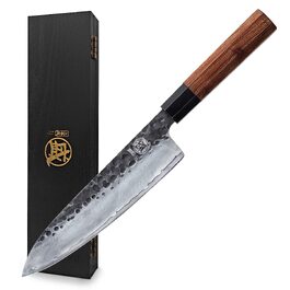 Кухонний ніж MITSUMOTO SAKARI Gyuto 22 см, японський шеф-ніж із високовуглецевої сталі, руків'я з палисандра та подарункова дерев'яна коробка
