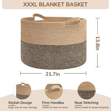TIMEYARD Storage Basket, Storage Basket for Kids, Children's Laundry Basket, Large Christmas Tree Basket, Basket for Blankets, Baby Toys, Woven Basket, 55x35cm, Black & Jute