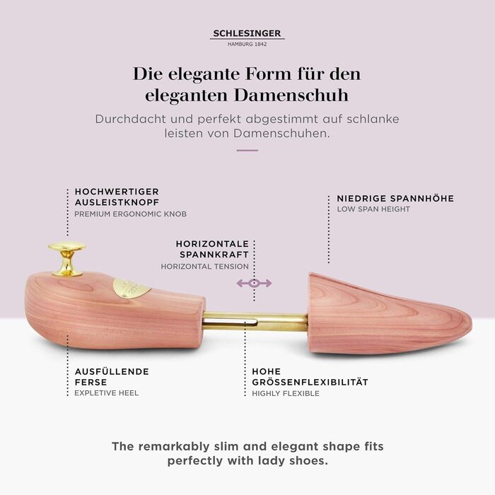 Schlesinger – Premium women's shoe trees made from fine cedarwood for optimal shoe care. Queen model. Size 36 – 41 in silver or gold.