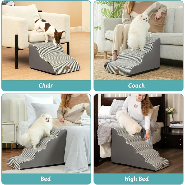 Dog Stairs for Small Dogs 50cm, Pet Stairs for Bed made of High-Density Sponge, Dog Stairs Dog Ramp with Washable Cover and Non-Slip Bottom, 40x72x50cm, 4 Steps, (White/Black, 4 Steps (40x72x50cm))