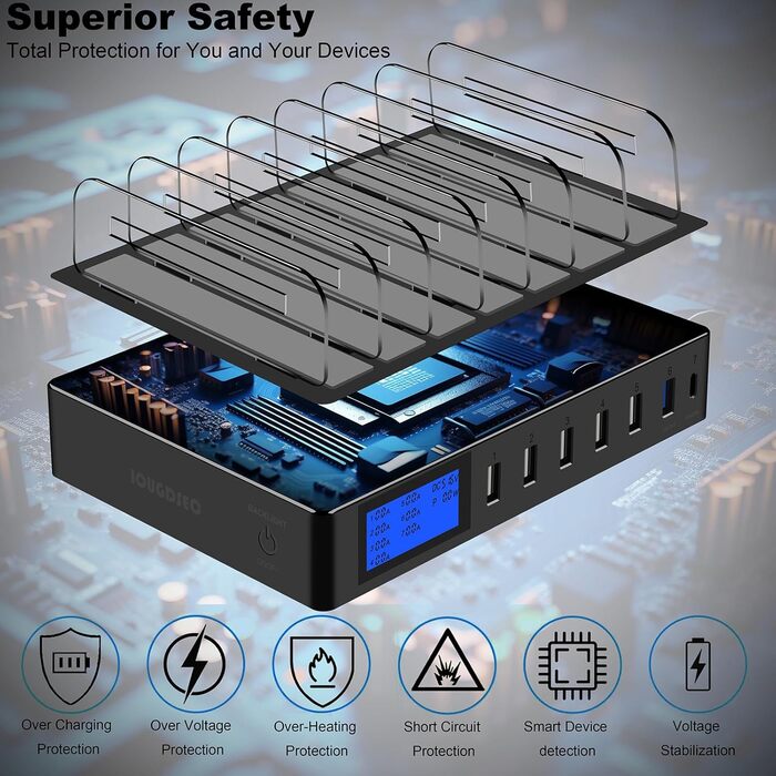Зарядний пристрій Schnellladestation PD20W QC3.0 7-в-1 з LCD-дисплеєм, Multi-USB, для iPhone, iPad, Samsung, Huawei - Чорний