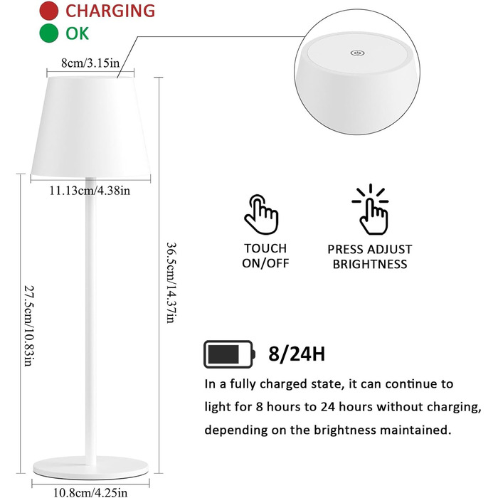 LED настільна лампа K-Bright з регулюванням яскравості, акумуляторна, бездротова, 3000K/4000K/6000K, 3 колірні температури, USB-C, IP54, вологостійка, чорна, 1 шт.