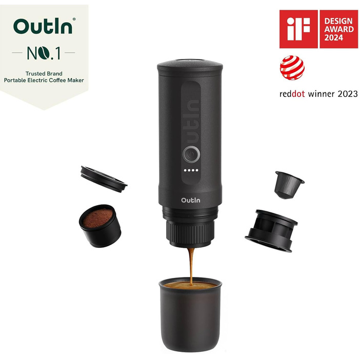 Outin Nano Portable Electric Espresso Machine, Camping Coffee Maker, Self-Heating with USB-C, Compatible with Ground Coffee & Nespresso Capsules, Space Gray