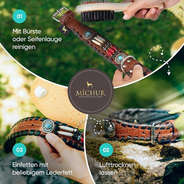 Ошийник для собак MICHUR Carlota, шкіряний, коричневий, з бірюзовими каменями, різні розміри (24-28,5 см)