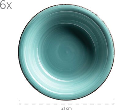MÄSER Bel Tempo II Dinnerware Set for 6 People with a Modern Vintage Look, 12-Piece Tableware Service, Hand-Painted, Turquoise, Stoneware, 27 centimeters