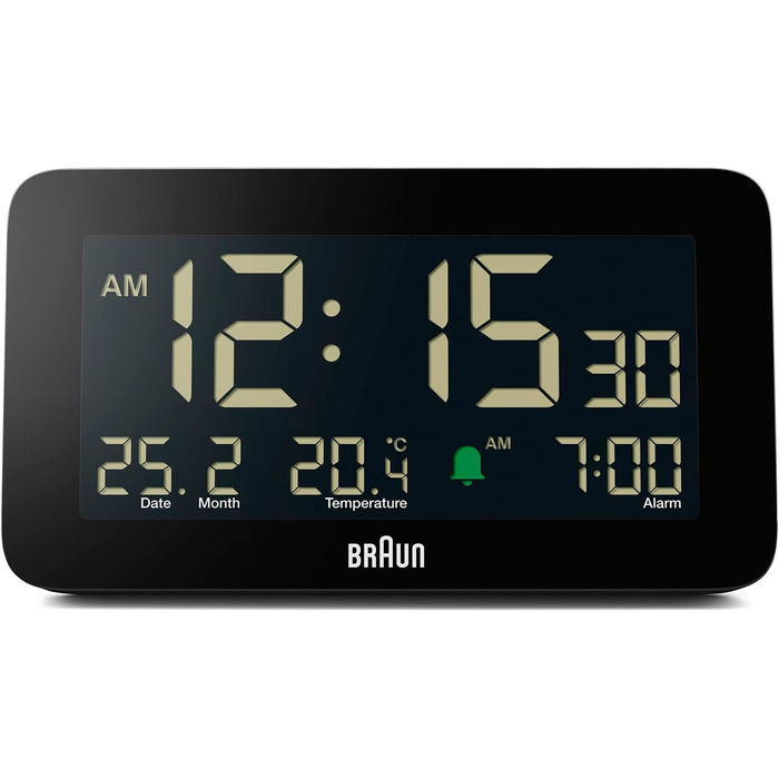 Braun Digital Alarm Clock with Date, Month, and Temperature Display, Negative LCD Display, Quick Set Function, and Gradual Alarm Sound in Black, Model BC10B.