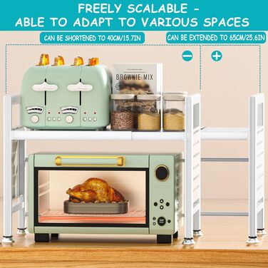 Підставка для мікрохвильової печі, 2-рівнева, розширювана 40-65см, з 6 гачками, для кухонного ножа, біла