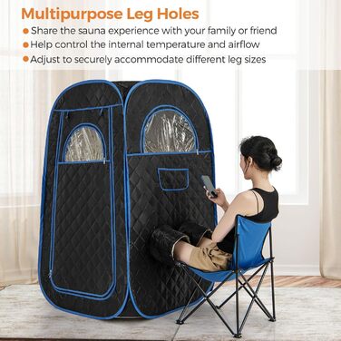 Портативна парова сауна HOMASIS для дому з генератором пари 3 л, пульт дистанційного керування, 9 температурних режимів та 9 таймерів, сауна-намет з відкидним стільцем та масажером для ніг (Чорний)