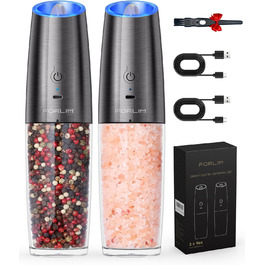 Електрична млинок для перцю та солі FORLIM з USB-зарядкою, 9oz, нержавіюча сталь, світлодіод, автоматичне помел, регулювання помолу, гравітаційний, металевий колір Gunmetal, набір
