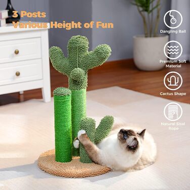 Kratzbaum Kaktus, creative cat tree design, 3 posts in 1 set, green - 42 * 68.5cm, AY405-HZ--66GN-B (M, Brown)