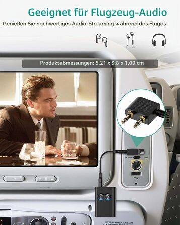 Bluetooth адаптер ORIA 2-в-1 (Трансмітер та Ресивер) 5.2 з AptX Adaptive, аудіоадаптер 3.5 мм для двох навушників, стереосистем та літаків, чорний