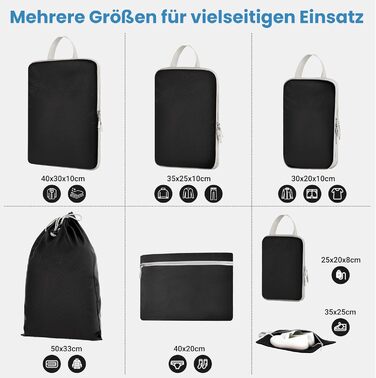Набір кубиків-органайзерів для подорожей MEUVO - 7 шт. Компресійні сумки для валізи/рюкзака, чорні