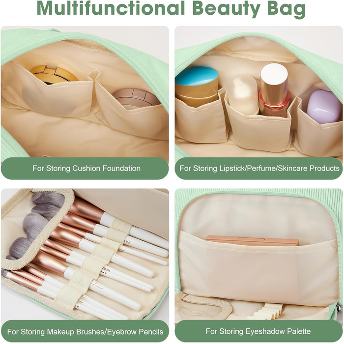 Косметичка жіноча Kalidi з багатьма відділеннями та відділенням для пензликів, велика, для подорожей, зелена (м'ятна)