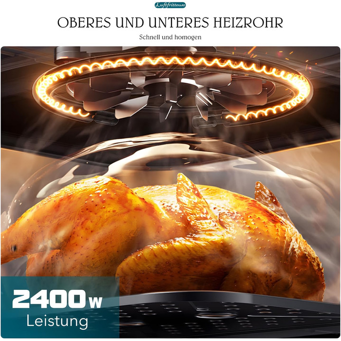 Фритюрниця повітряна з цифровим LED-дисплеєм, 10-в-1, 10 л. Зі скляним вікном, таймером та функцією здорового приготування без олії.