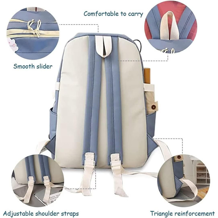 Яскравий рюкзак з милим аксесуаром, 5-ти частинний набір, великий рюкзак у стилі Харадзюку, трендовий рюкзак для школи, коледжу, подорожей, з нашивками, для дівчат, блакитний