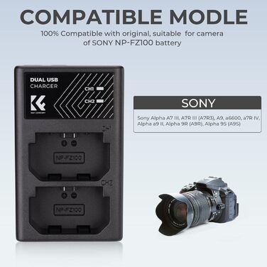 Зарядний пристрій для акумулятора Sony NP-FZ100 з подвійним слотом K&F CONCEPT, швидка зарядка, Micro USB/Typ-C, сумісний з Alpha A7 III, A7R III, A9, a6600, a7R IV, Alpha a9 II