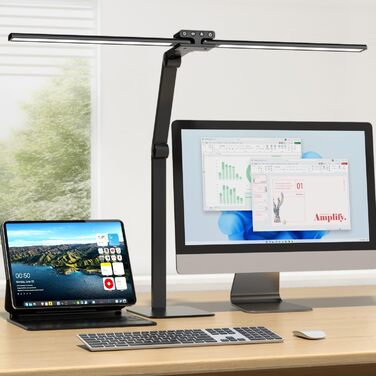 LED лампа для столу KableRika з двома головками: 24W, регульована яскравість, захист очей, для офісу та дому, сучасна лампа-світлодіод для монітора, білий (чорний)