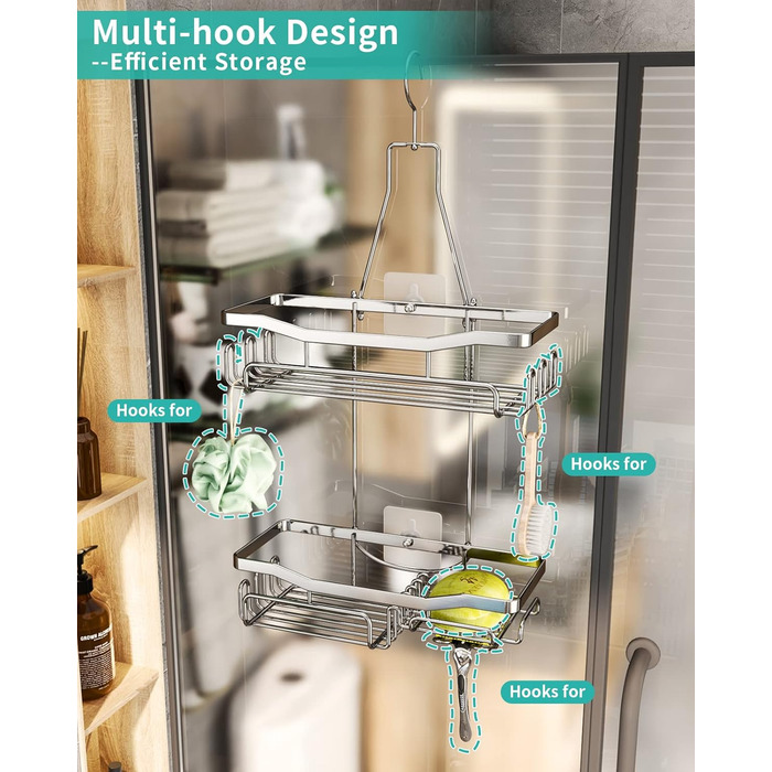HapiRm Shower Shelf to Hang with Razor Holder & Soap Holder - Hanging Shower Shelf with Multiple Hooks - High-Quality Hanging Shower Shelf Stainless Steel No Drilling-Silver