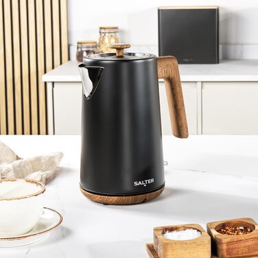 Електричний чайник Salter Toronto 1,7L, 3kW, чорний: швидке кип'ятіння, 360° підставка, фільтр від накипу, дерев'яний дизайн, бездротовий, захист від сухого кип'ятіння, автовимкнення, контролер Otter, чорний колір