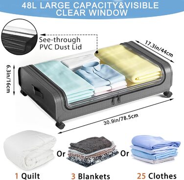 Коробка для зберігання під ліжком 2 шт. з кришкою, 48L, металевий каркас, органайзер для одягу, взуття, ковдр, постільної білизни, сірий колір