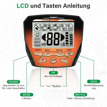 Металодетектор OMMO Profi для дорослих та дітей, USB, пошук золота, 6 режимів, водонепроникний IP68, прецизійний, комплект з лопаткою (Помаранчевий)