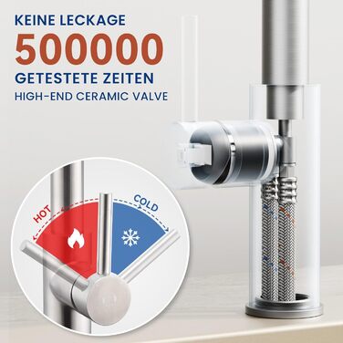 Змішувач кухонний CECIPA з витяжною насадкою, висувний, з двома режимами струменя, поворотний на 360°, одноlever, нержавіюча сталь, срібло