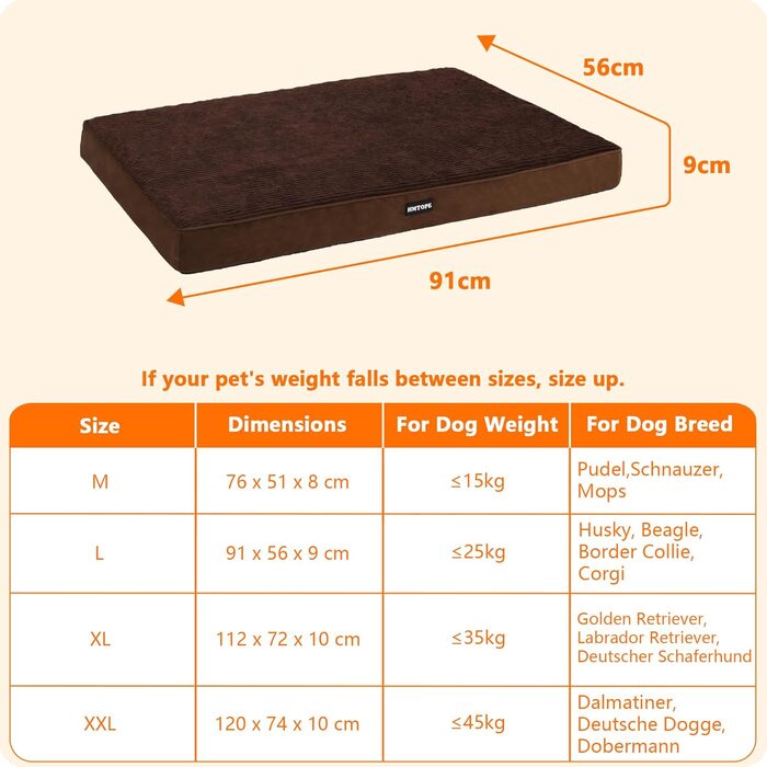HMTOPE Orthopedic Dog Bed, 10cm Thick Dog Cushion for Medium and Large Dogs, Removable and Washable Dog Mat, Non-Slip Bottom, Waterproof Inner Lining, 112 cm, (L 91 x W 56 x H 9 cm, Brown)