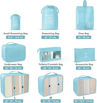 Органайзери для валізи OBSGUMU, набір 9 шт. - Кубики для пакування, косметичка, аксесуари для подорожей (блакитний)