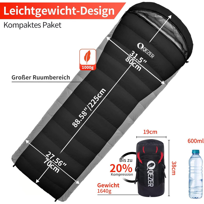 Сплячий мішок пуховий зимовий, 600FP+ преміум пух, 12°C до -24°C, легкий та теплий для 3-4 сезонів, кемпінг, походи та трекінг, чорний