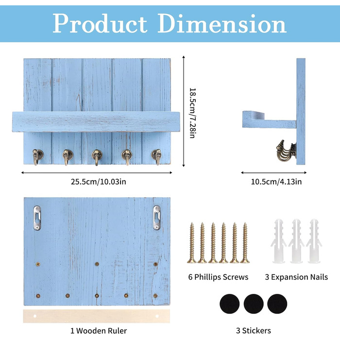 Дерев'яне ключниця з поличкою, 5 гачків, для прихожої, спальні, вітальні (Блакитний)