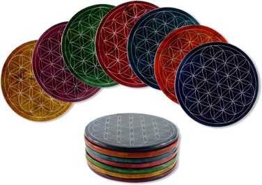 Speckstein coaster set with Flower of Life design • 7 colors • Chakra colors • Ø 10 cm • Handmade • Engraved • Round • Spiritual wall decoration & table decor • 7 pieces