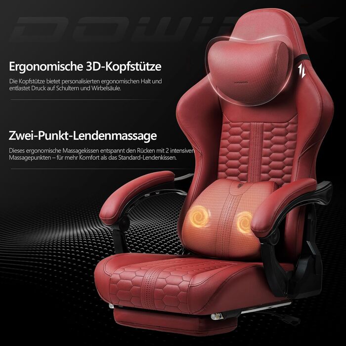 Ігровий крісло Dowinx Big and Tall з масажем попереку, підніжка, ергономічний комп'ютерний стілець, PU шкіра, 180 кг (Червоний)