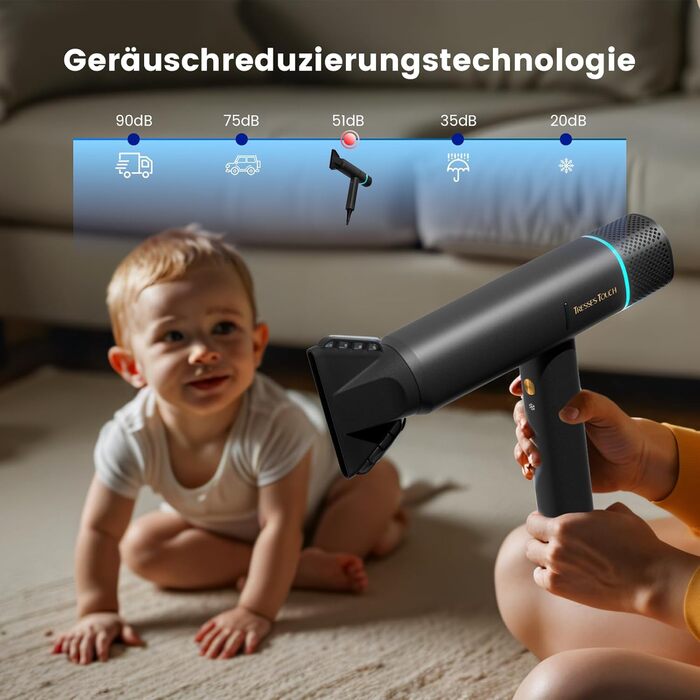 Іонізатор для волосся Föhn: Швидкий фен з дифузором для жінок та чоловіків, 3 режими, 2 швидкості, чорний